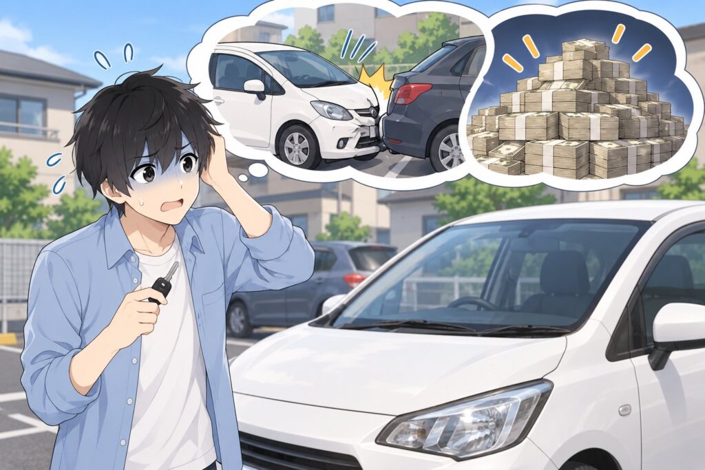 車の鍵を手に、事故と高額な賠償を想像して青ざめるハヤト