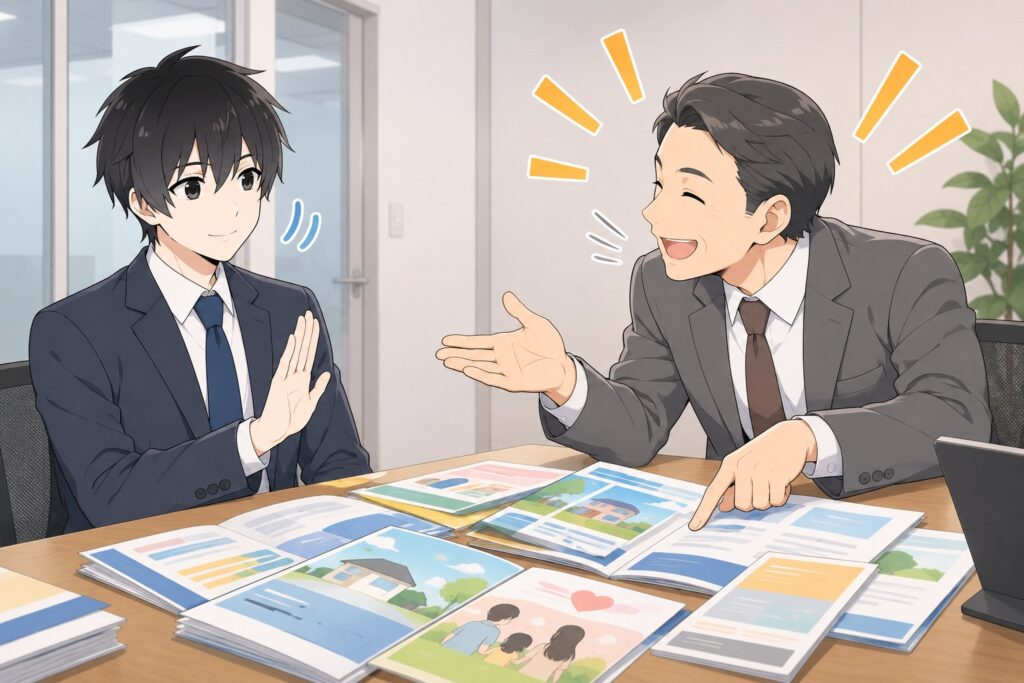 保険のパンフレットを広げる営業担当に、手のひらを向けて「結構です」と断るハヤト
