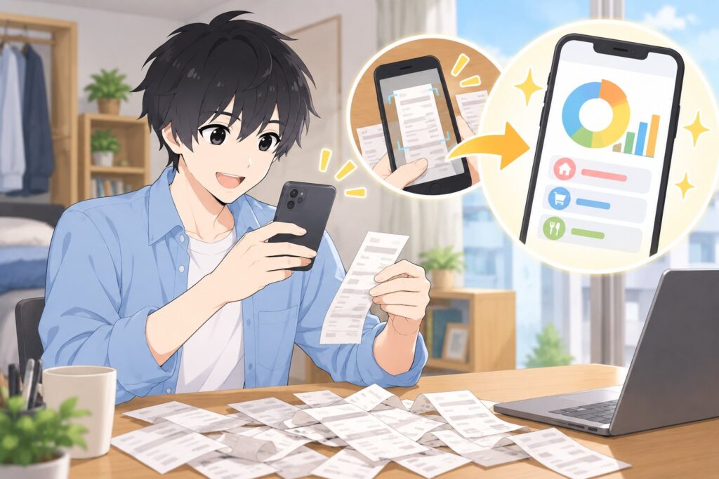 レシートをスマホで撮影し、家計簿のグラフに自動で変換されて喜ぶハヤト