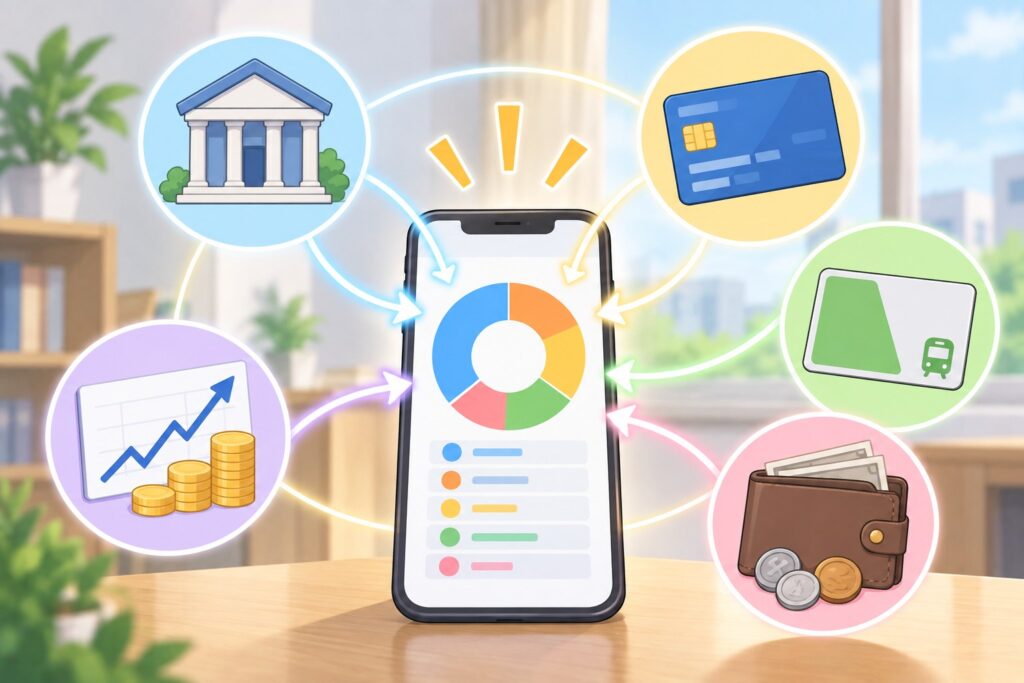 銀行・クレジットカード・交通系IC・財布・投資の情報がスマホ1台の円グラフに集まるイメージ