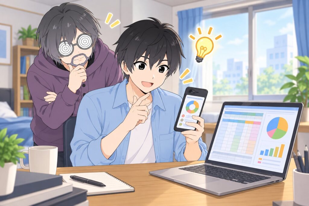 パソコンの家計簿とスマホのアプリを見比べ、併用をひらめくハヤトとうなずくサメジマ