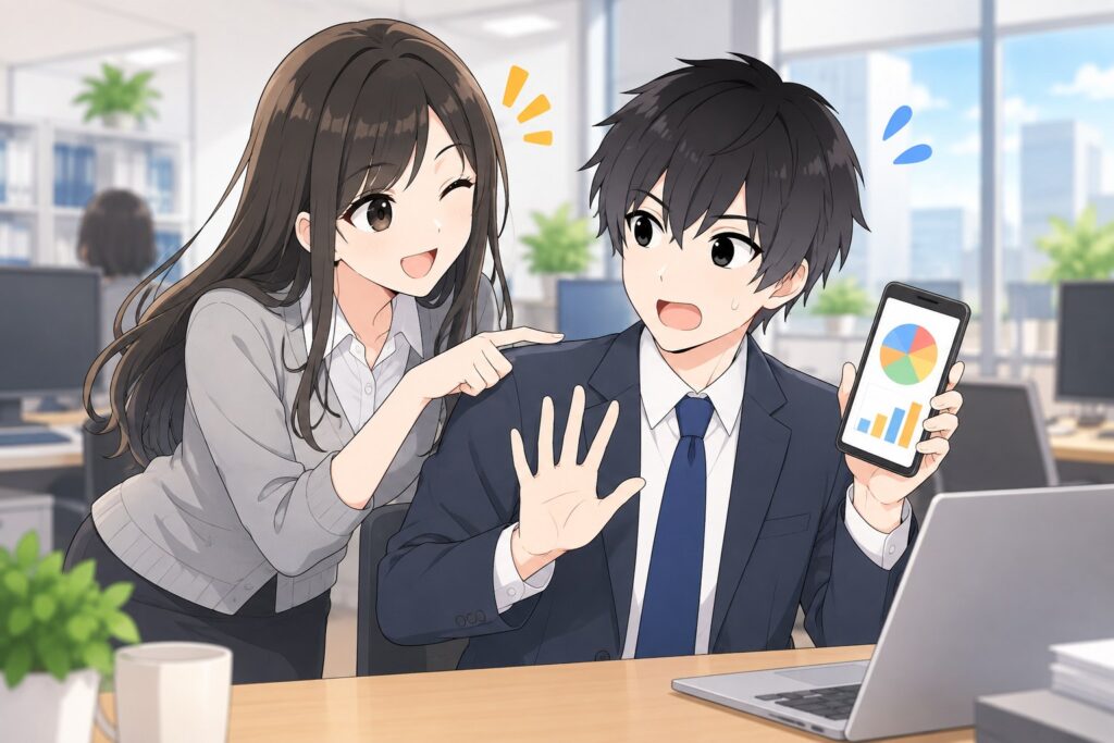 ランチをおごってとつつくマナミ先輩に、慌てて手を振るハヤト