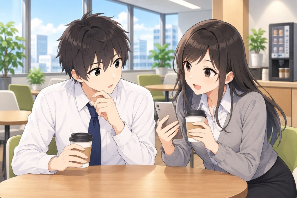 会社の休憩スペースで、マナミが大学の後輩からの相談をハヤトに話している