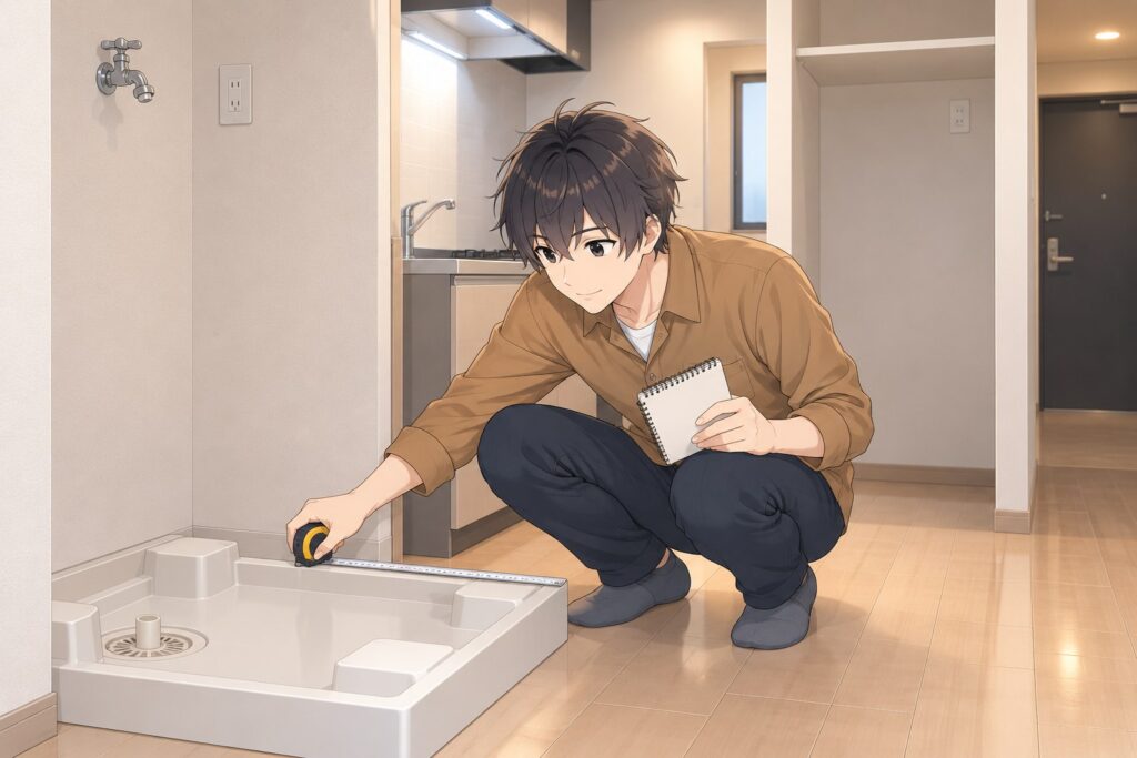 引っ越し前の部屋で洗濯機置き場の幅をメジャーで測るハヤト