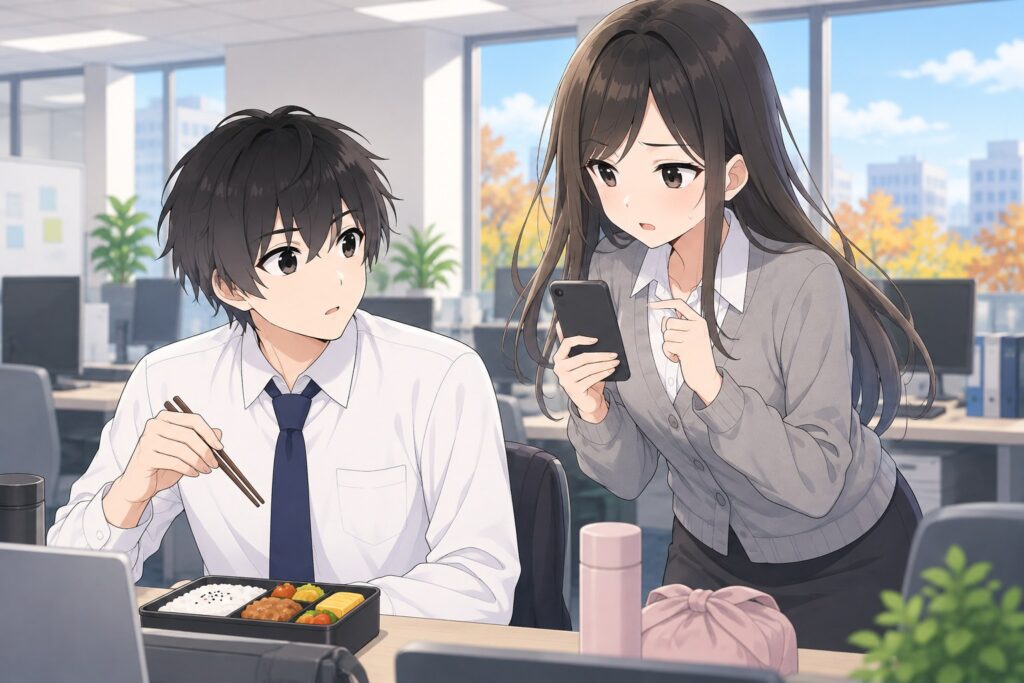 昼休みのオフィスで、実家の父の家計簿ソフトのことをハヤトに相談するマナミ先輩