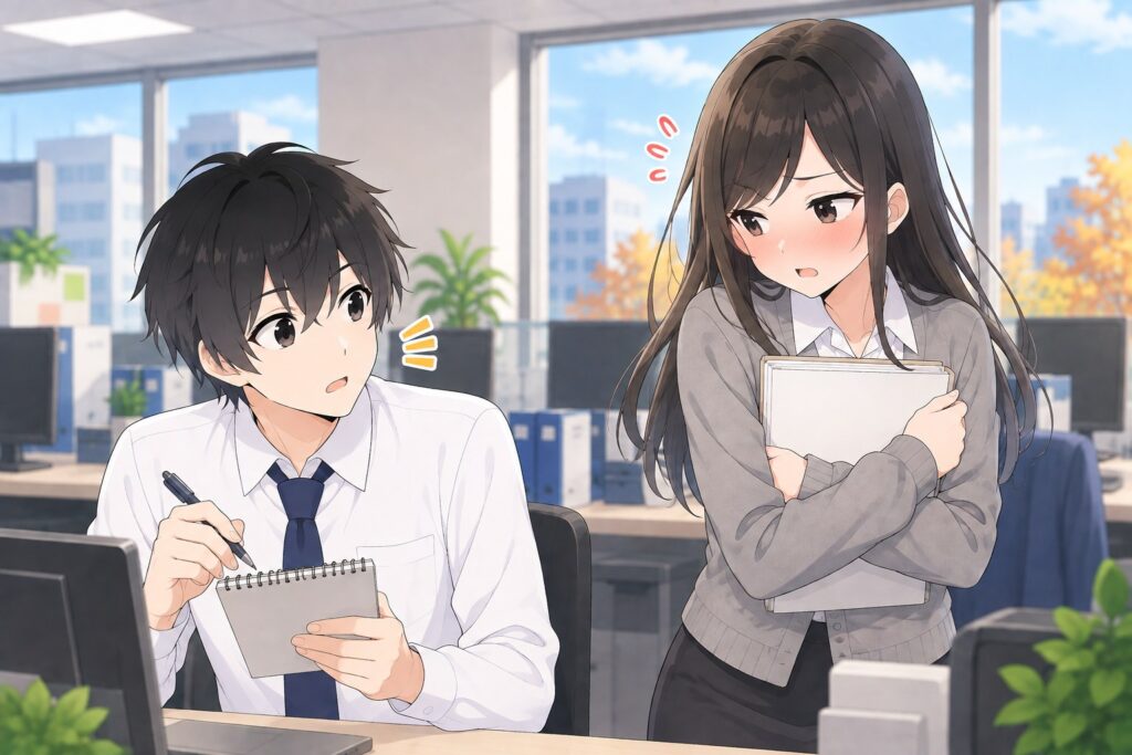 父の言葉を伝えて照れるマナミ先輩と、きょとんとするハヤト