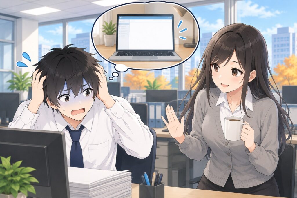 自宅の新しいパソコンのメールが空っぽだったことを思い出して慌てるハヤトと、なだめるマナミ先輩