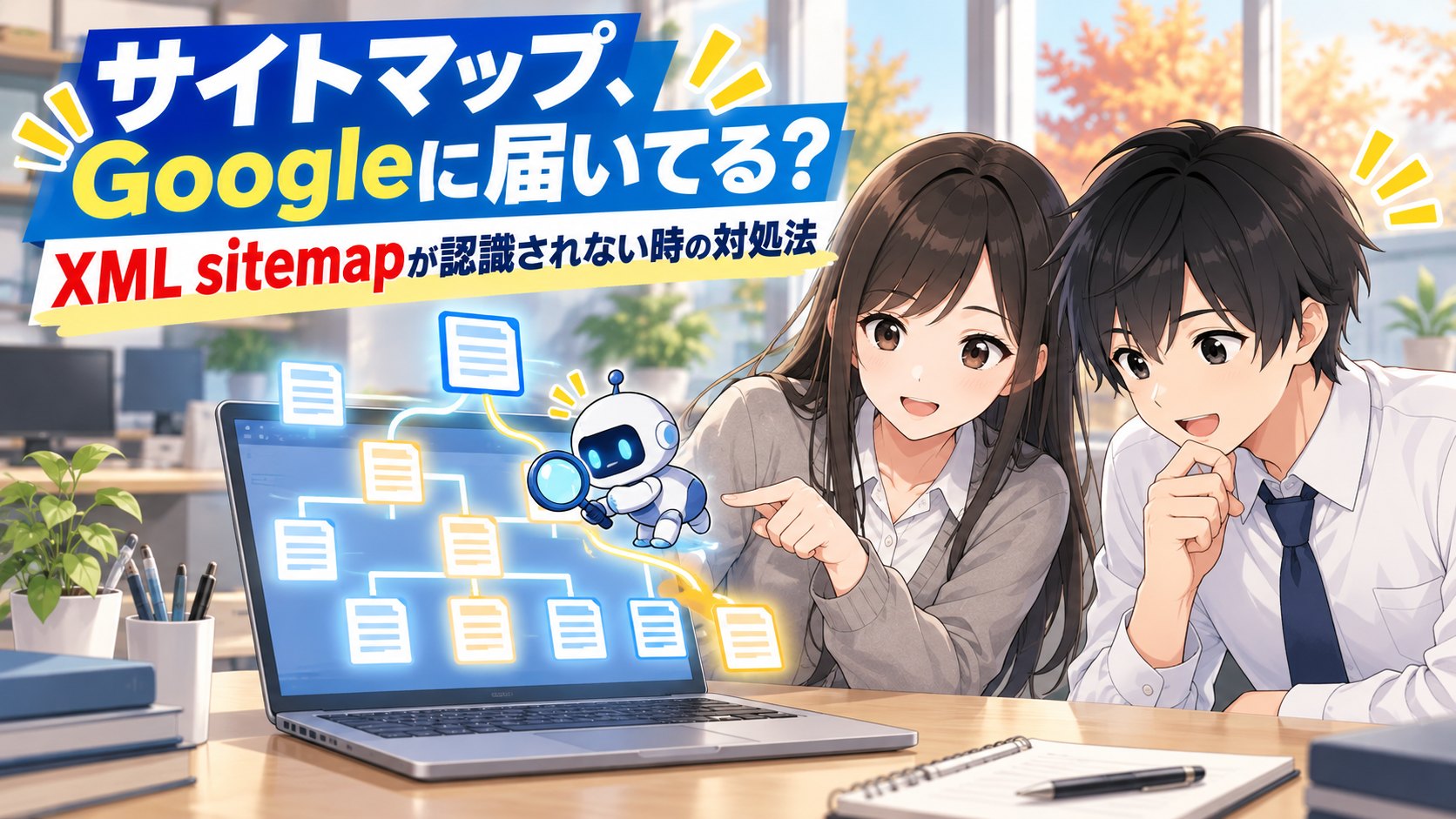 サイトマップ、Googleに届いてる？ XML sitemapが認識されない時の対処法。ノートパソコンのサイトの地図をたどる検索ロボットを指さして説明するマナミと、うなずくハヤト