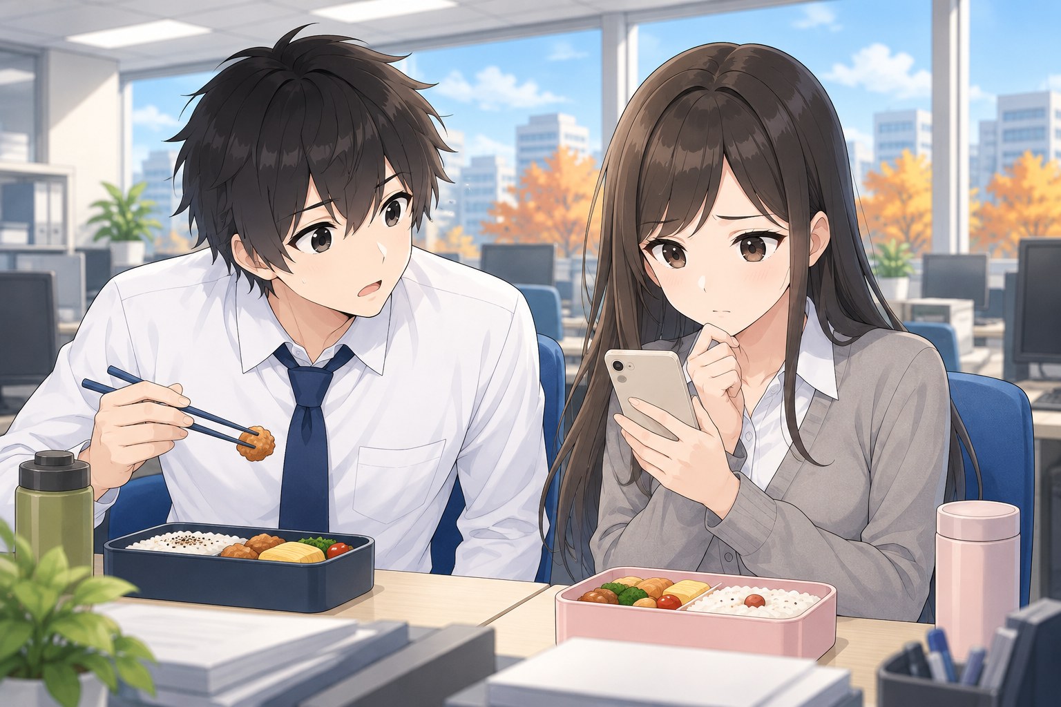 昼休みのオフィスで、スマートフォンを見て困った顔をするマナミと、お弁当の箸を持ったまま心配そうにのぞき込むハヤト