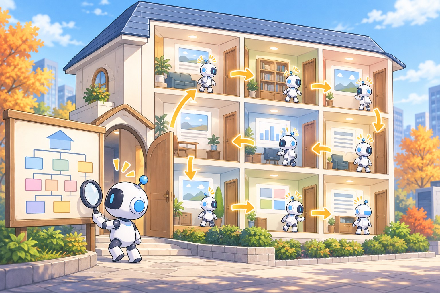Webサイトを家にたとえた絵。入り口の地図の看板を虫眼鏡で見たロボットが、矢印に沿って各部屋(ページ)を順番に訪れている
