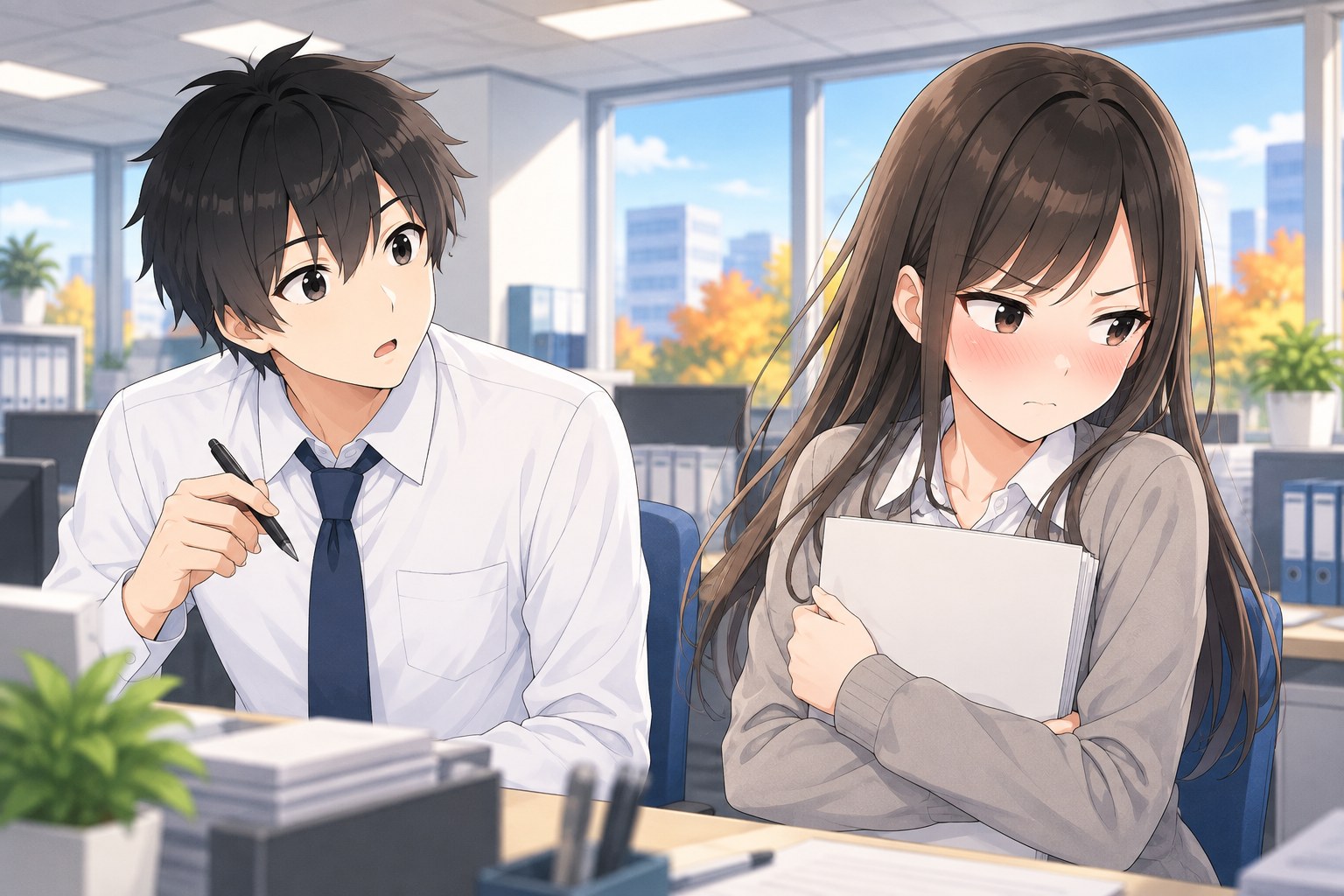 顔を赤くして書類を胸に抱え、そっぽを向くマナミと、きょとんとするハヤト