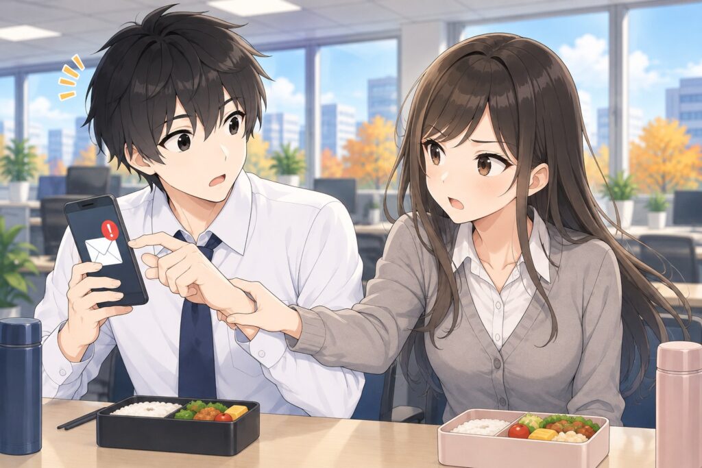 スマホの怪しいメールのリンクを押そうとするハヤトを、マナミ先輩が止めている