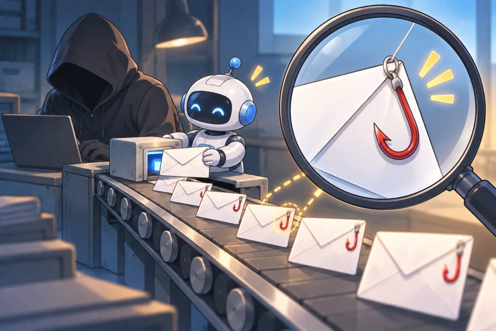 AIのロボットが本物そっくりの詐欺メールを次々と作り、虫眼鏡で見ると釣り針が付いているイメージ