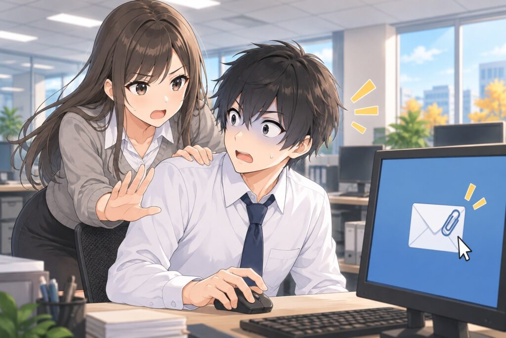 添付ファイルを開こうとするハヤトを、後ろからマナミ先輩が止めている