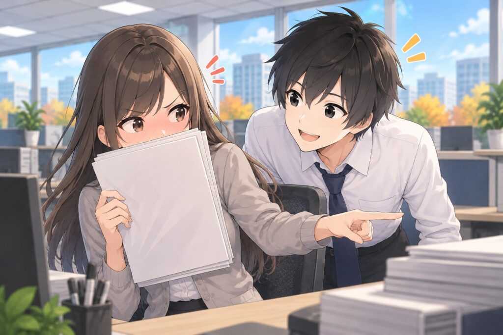 書類で顔を隠しながら、仕事に戻るよう指さすマナミ先輩と、のぞき込むハヤト