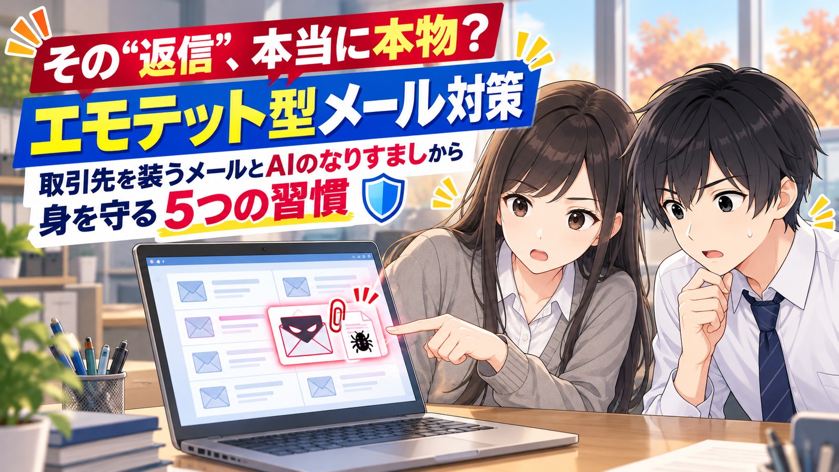 なりすましの返信メールを指さして注意するマナミ先輩と、画面をのぞき込むハヤト