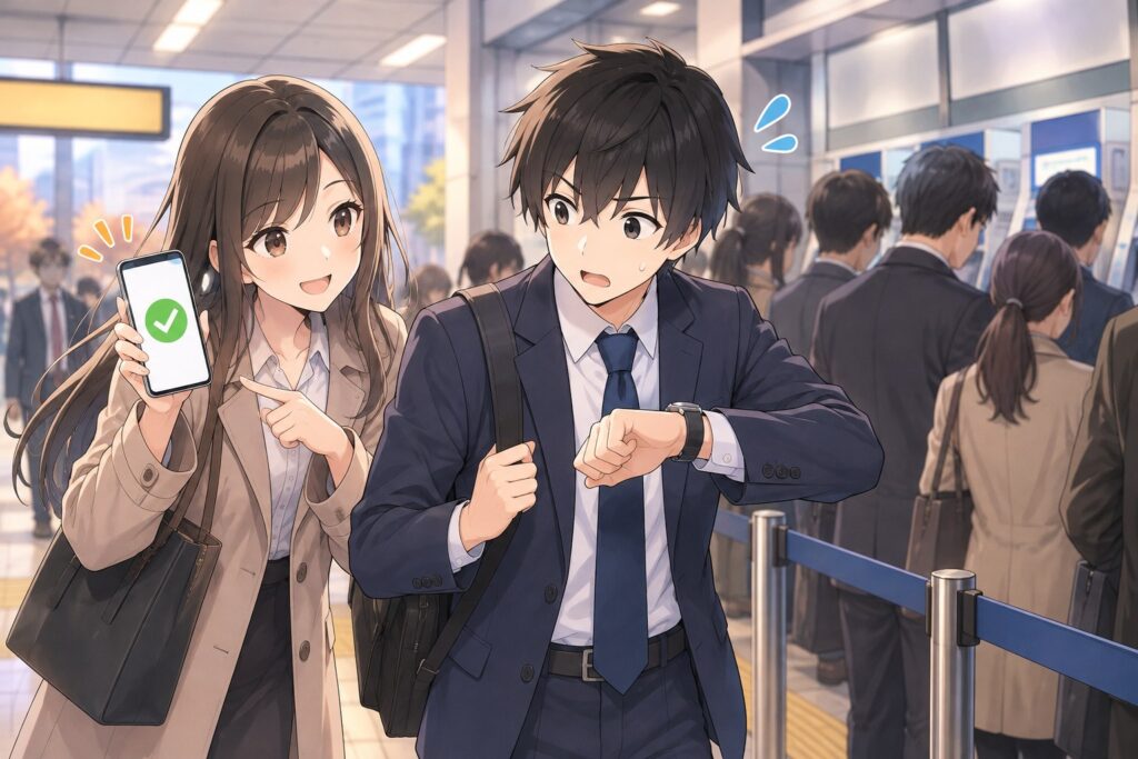 朝の駅の券売機に並ぶ長い列の最後尾で腕時計を見て焦るハヤトに、マナミがスマホを見せて得意げに笑っている