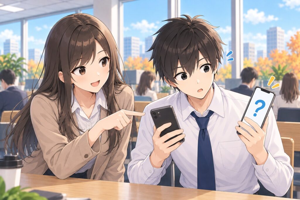 新しいスマホと古いスマホを両手に持って首をかしげるハヤトに、マナミが古いスマホを指さして先に手続きするよう教えている