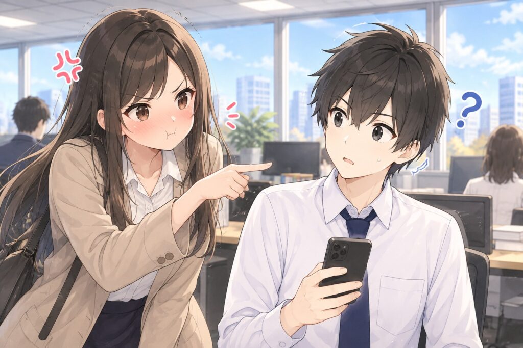 顔を赤くして頬をふくらませ、照れ隠しにハヤトを指さすマナミと、スマホを持ったままきょとんとするハヤト
