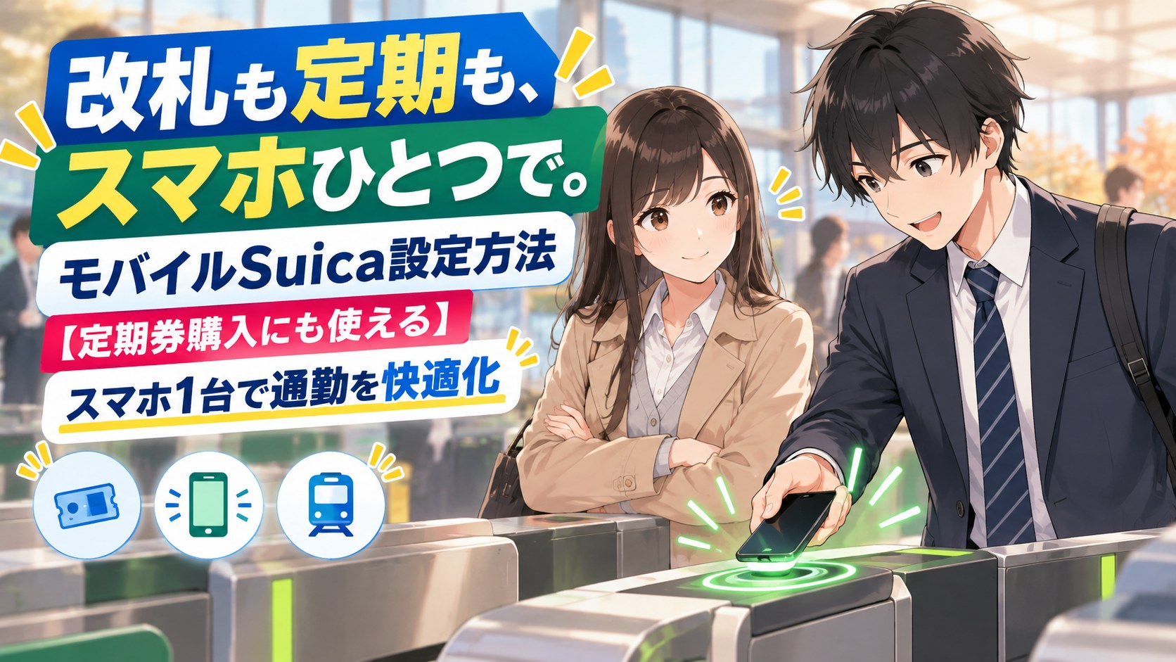 駅の自動改札でスマホをかざすハヤトと、隣で腕を組んで微笑むマナミ。「改札も定期も、スマホひとつで。」の文字