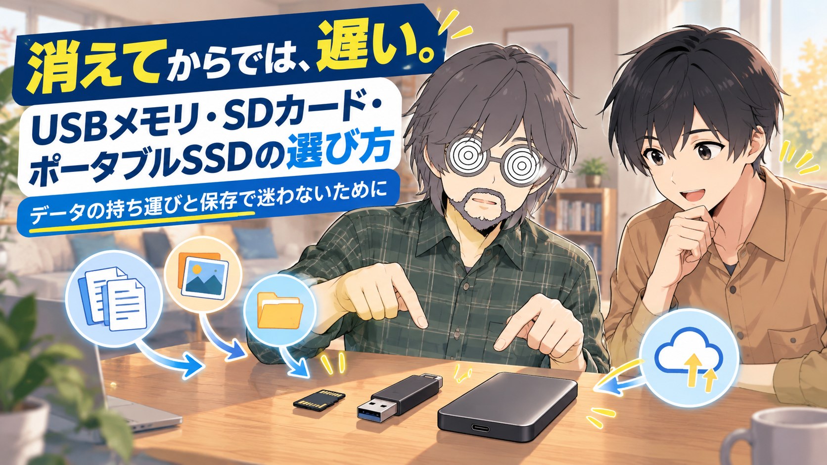 消えてからでは、遅い。USBメモリ・SDカード・ポータブルSSDの選び方。テーブルに並んだmicroSDカード・USBメモリ・ポータブルSSDを指さして説明するサメジマと、感心して聞くハヤト