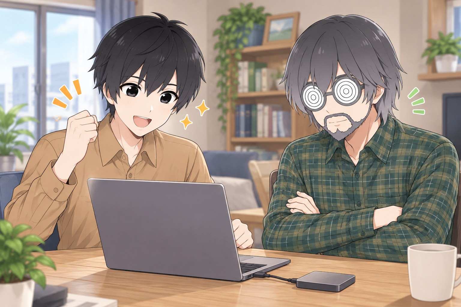 ポータブルSSDをノートパソコンにつないでバックアップを終え、ガッツポーズをするハヤトと、腕を組んでうなずくサメジマ
