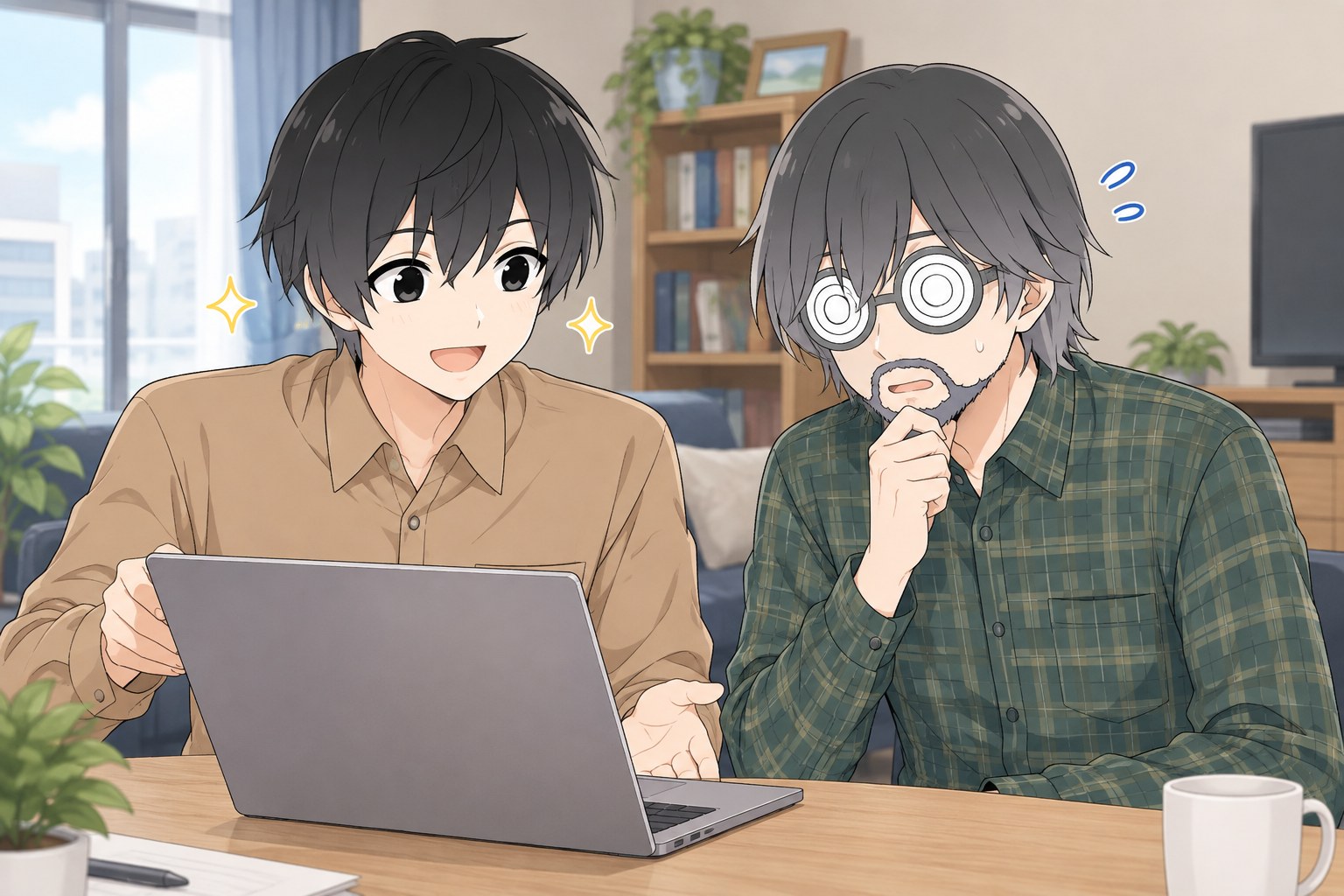 届いたばかりのノートパソコンを嬉しそうに見せるハヤトと、データが1か所にしかないことを心配そうに指摘するサメジマ